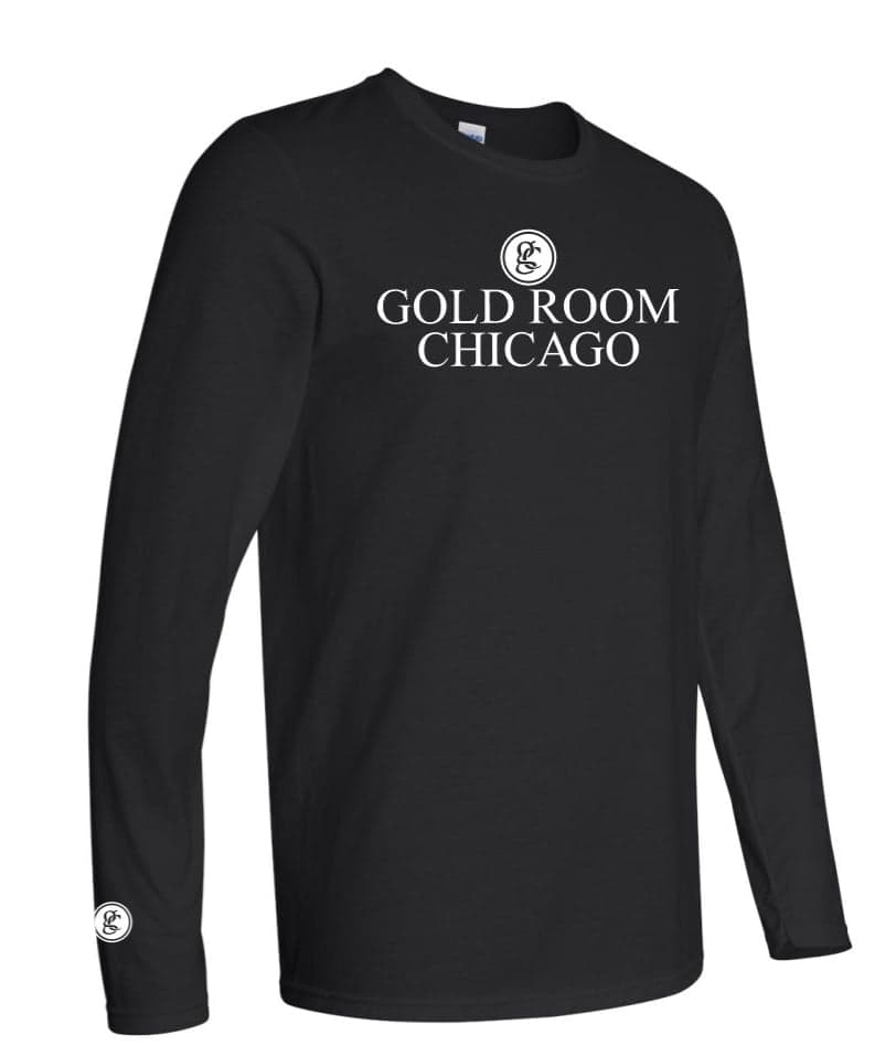 Black long-sleeve shirt with the Gold Room Chicago chest logo and monogram sleeve print