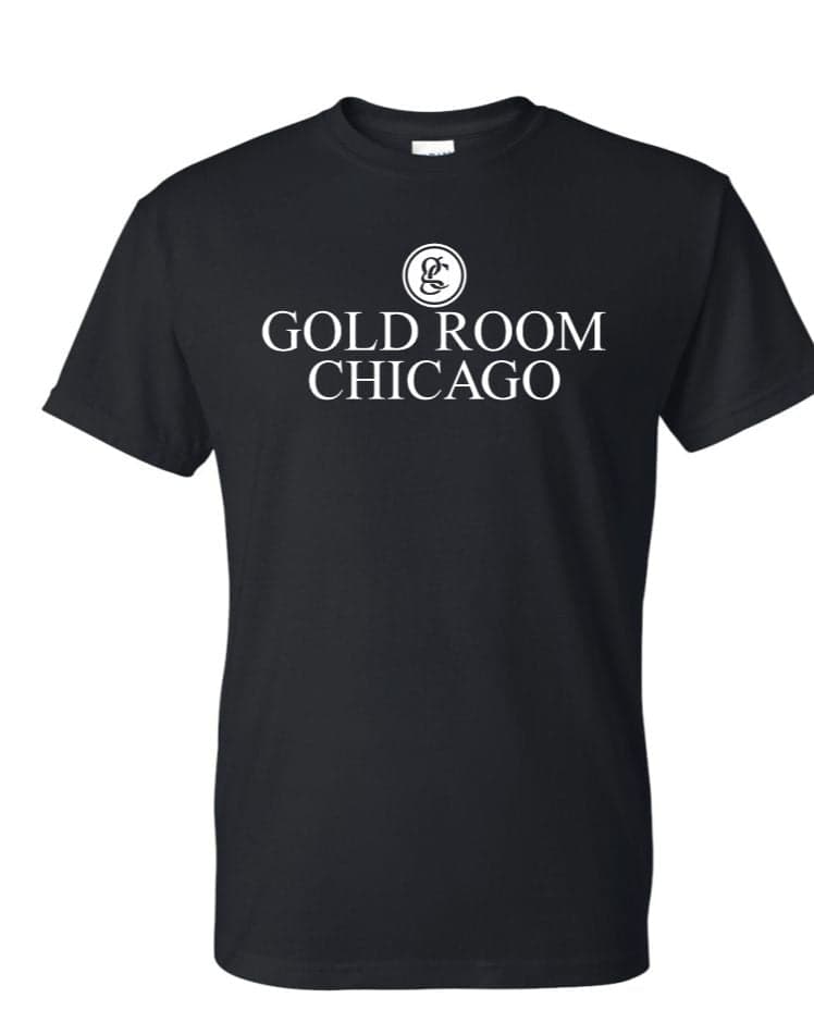 Black t-shirt with the white Gold Room Chicago logo across the chest