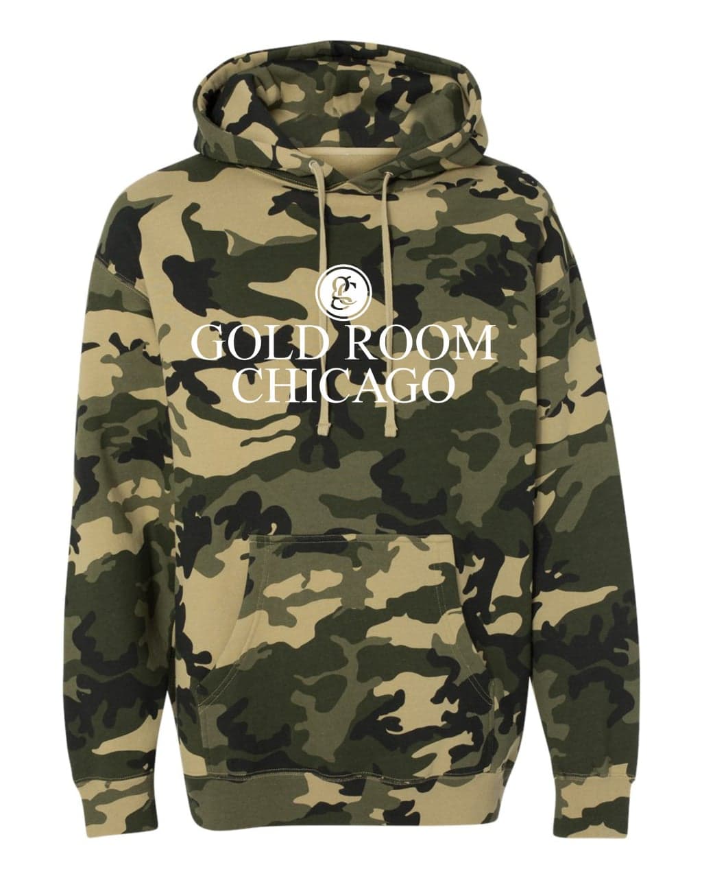 Green camo pullover hoodie with the white Gold Room Chicago logo