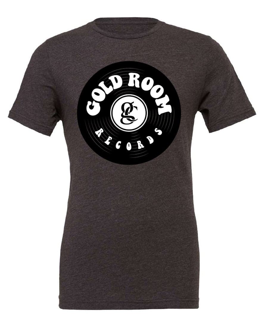 Dark heather grey Gold Room Records t-shirt with black vinyl record graphic