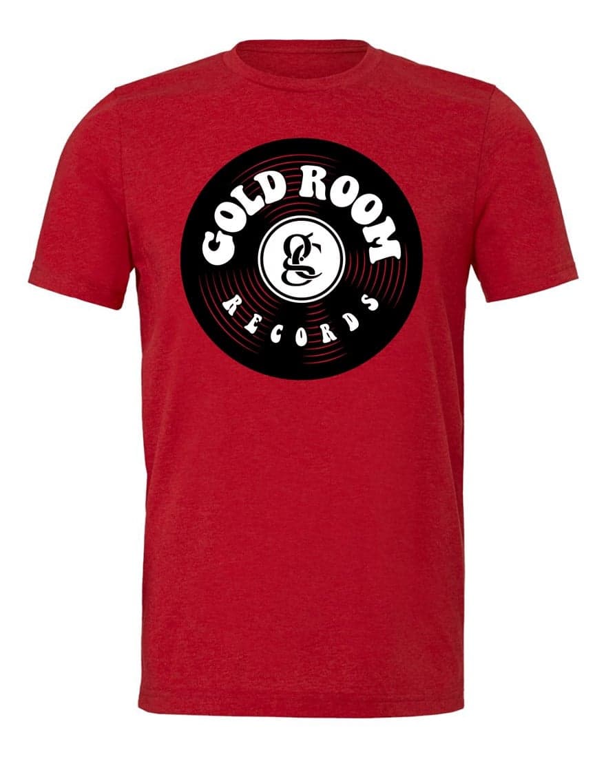 Red Gold Room Records t-shirt with black vinyl record graphic