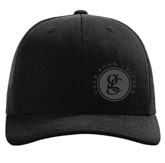 Black trucker hat with tonal Gold Room Chicago monogram patch
