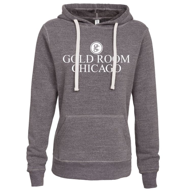 Women's heather grey pullover hoodie with the white Gold Room Chicago logo