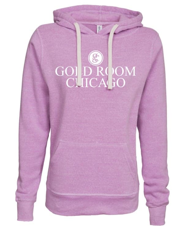 Women's lavender pullover hoodie with the white Gold Room Chicago logo