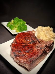 new york strip steak with mash and broccoli
