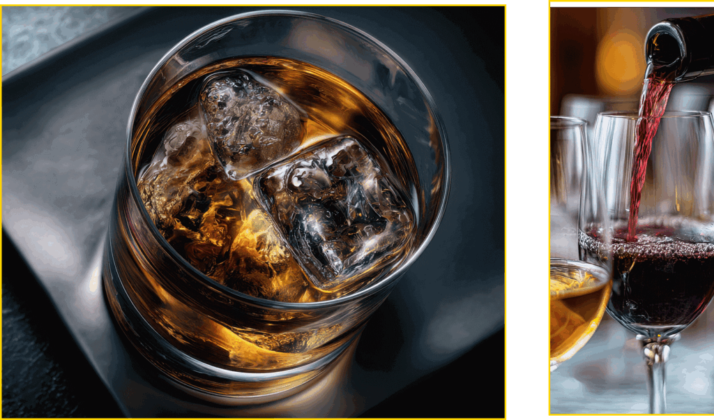 A glass of whiskey with ice and a glass of red wine being poured at The Gold Room Chicago.
