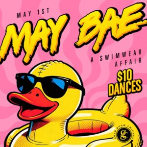 A promotional poster for May Bae's swimwear event at The Gold Room Chicago.