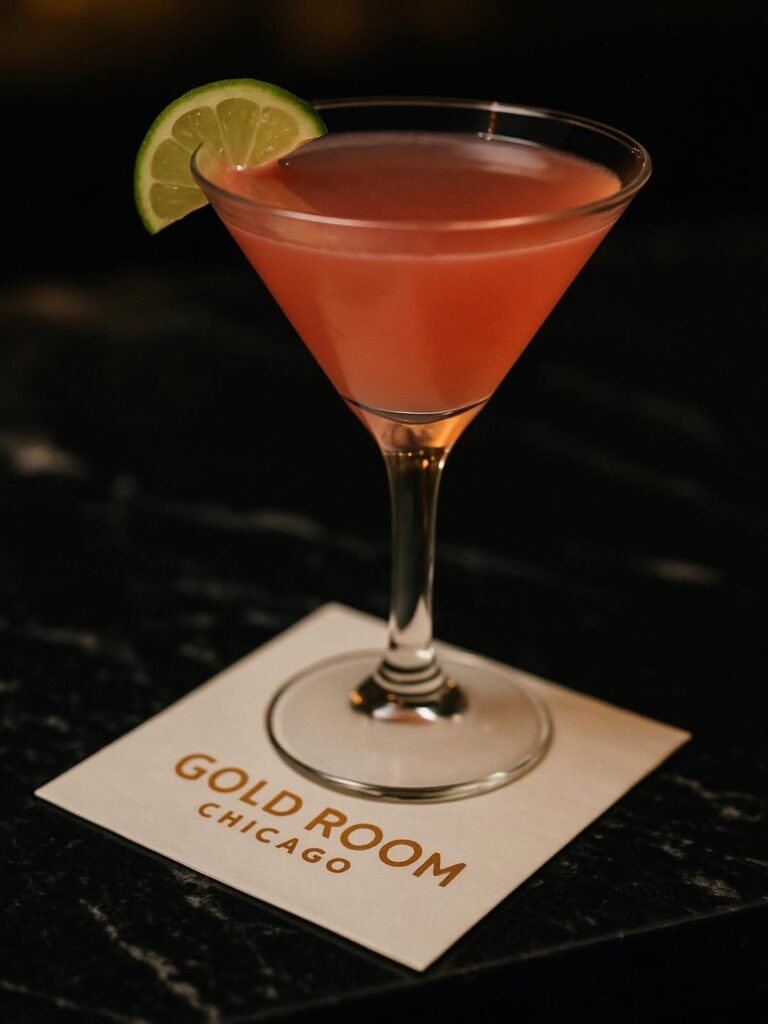 A pink cocktail garnished with a lime wedge on a black bar counter.